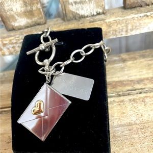 Sterling Silver/14k Gold Heart Love Letter Dangle Toggle Clasp Bracelet NWOT!